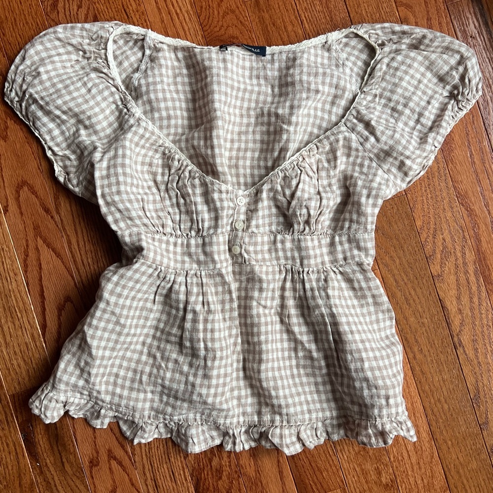 Brandy Melville Plaid Puff Sleeve Blouse - Cream